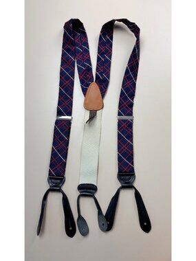 Trafalgar Mens Navy & Red Plaid Suspenders With Leather Ends Adjustable